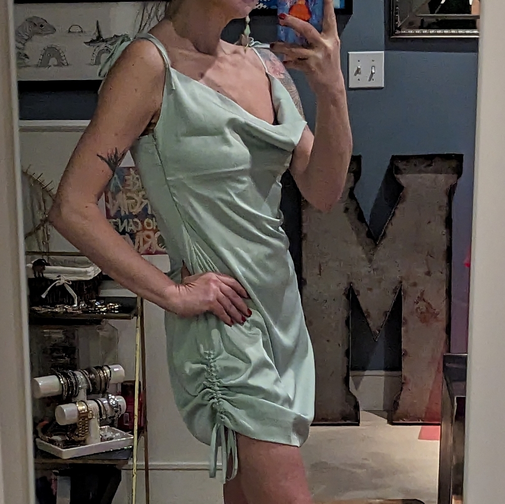 Wilfred Only Ruched Mini Slip Dress Cowl Neck Satin Side Drawstring Mint Sz M - Picture 10 of 13